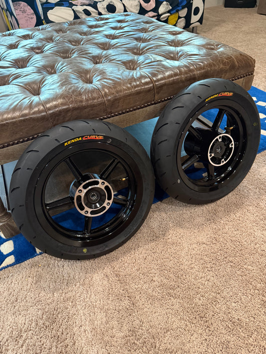 12” Supermoto Wheel Conversion Kit — Complete Front & Rear Set
Fits Yozma, Tuttio, Heybike, ETM RTR & Most Mini Moto Platforms